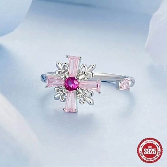 NWT S925 Sterling Silver Pink CZ Cross Fleur-De-Lis Design Open Adjustable Ring - Picture 2 of 12